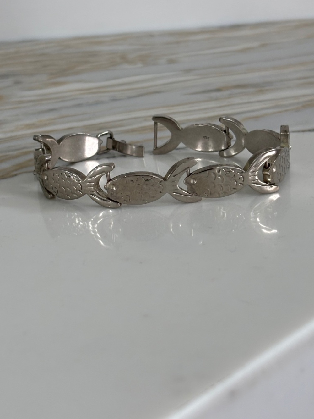 Unique Articulated Silver 925 Stamped Fish 7” Bracelet